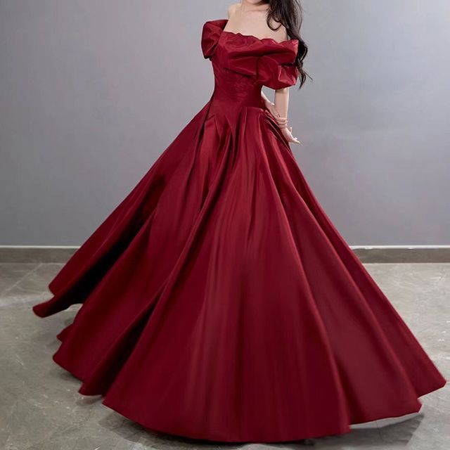 Short-Sleeve Off Shoulder Plain Ruched A-Line Evening Gown