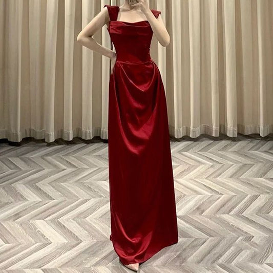 Gown A-Line Plain Satin Neck Ruched Evening Sleeveless Square