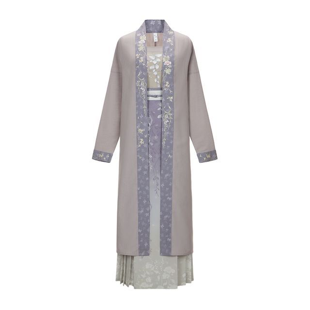 Traditional Chinese Embroidered Camisole Top / High Rise Print Pleated Maxi A-Line Wrap Skirt / Open Front Long Jacket / Set