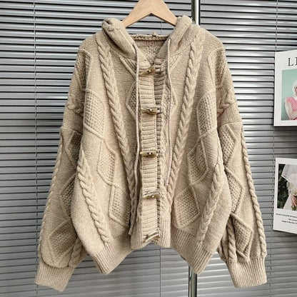 Plain Hooded Cable Knit Toggle Cardigan