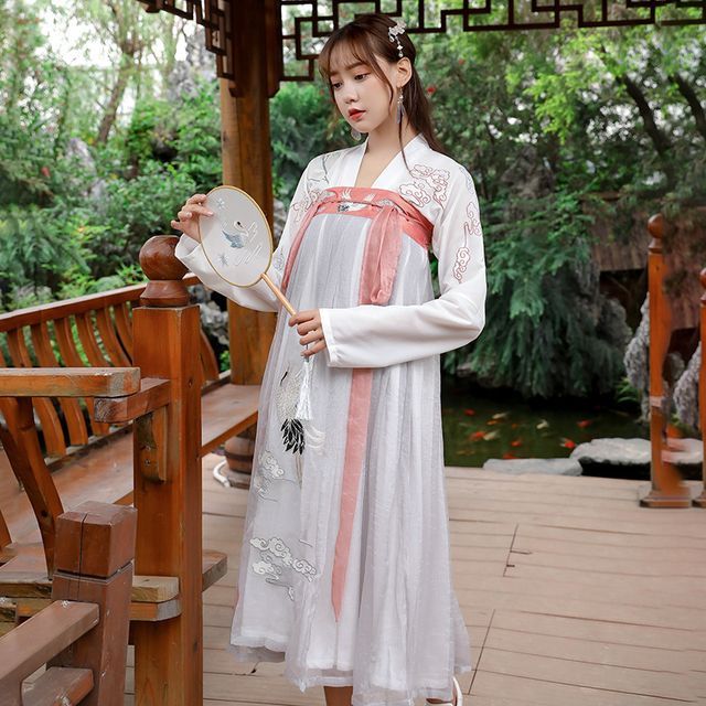 Crane Embroidered Hanfu Costume Set