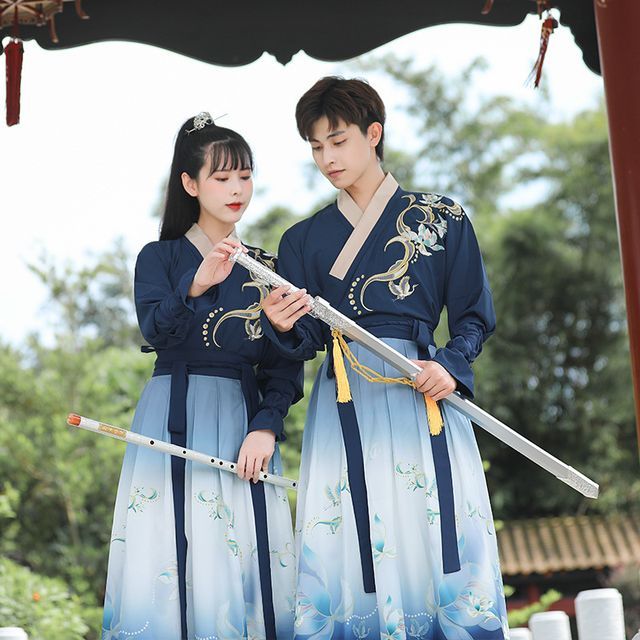 Couple Matching Flower Embroidered Hanfu Costume Set