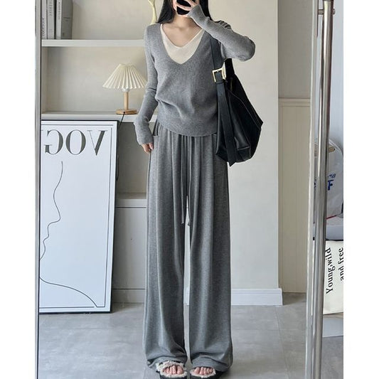 High Rise Drawstring Pocketed Drape Knit Wide Leg Plain Sweatpants