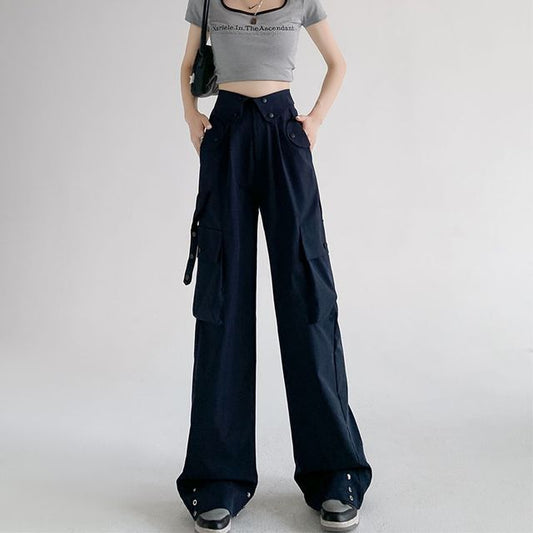 Waist Detailed Pocketed High Waist Plain Wide Leg Cargo Pants