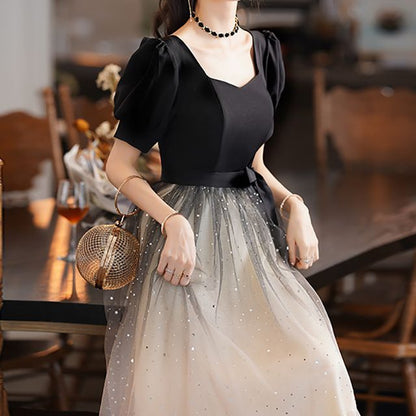 A-Line Gown Cocktail Two Sequin Dress / Puff-Sleeve Evening Tone