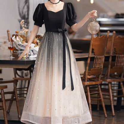 Puff-Sleeve Two Tone Sequin A-Line Cocktail Dress / Evening Gown