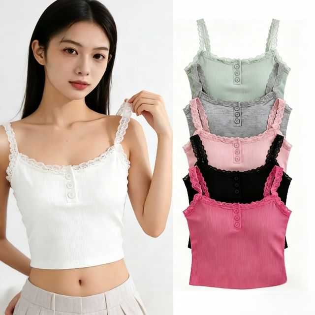 Padded Henley Lace-Trim Camisole