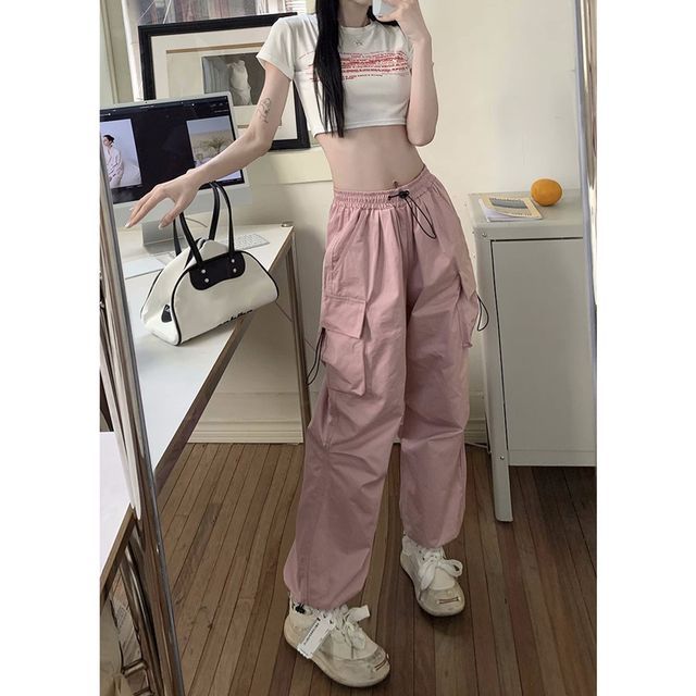 Mid Waist Plain Drawstring Cargo Baggy Pants