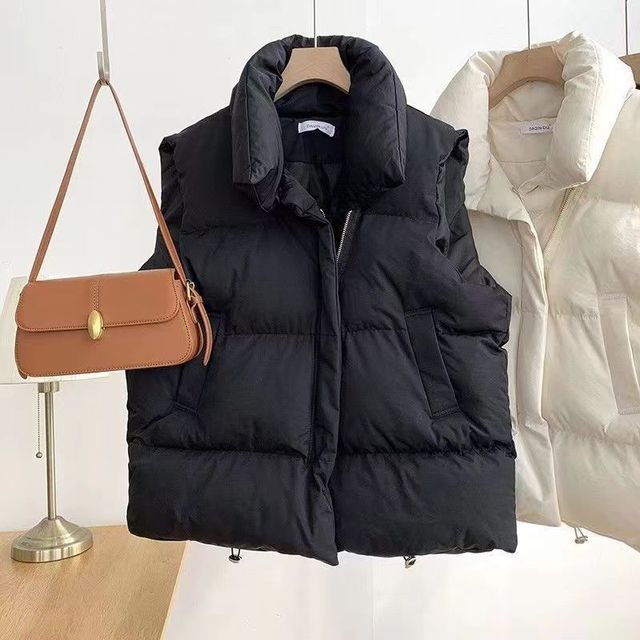 Stand Collar Plain Zip Puffer Vest