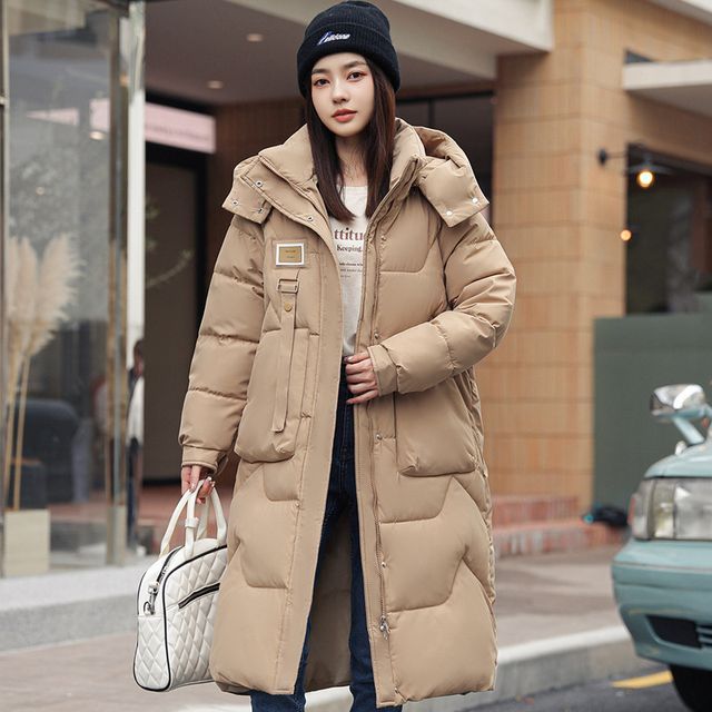 Lettering Applique Hooded Midi Zip Puffer Coat