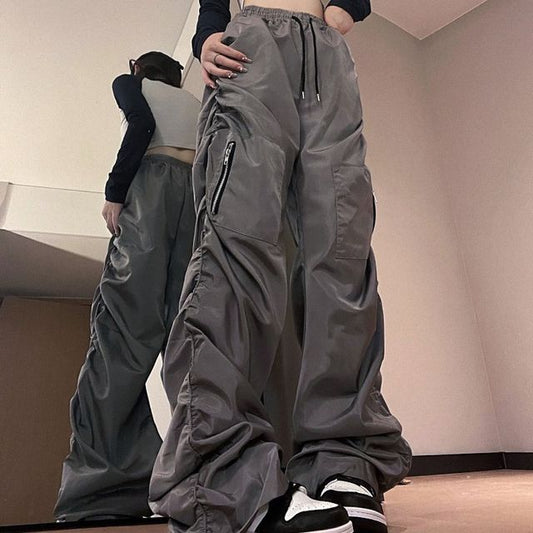 Drawstring Waist Plain Baggy Cargo Parachute Pants