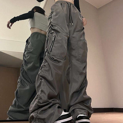 Drawstring Waist Plain Baggy Cargo Parachute Pants