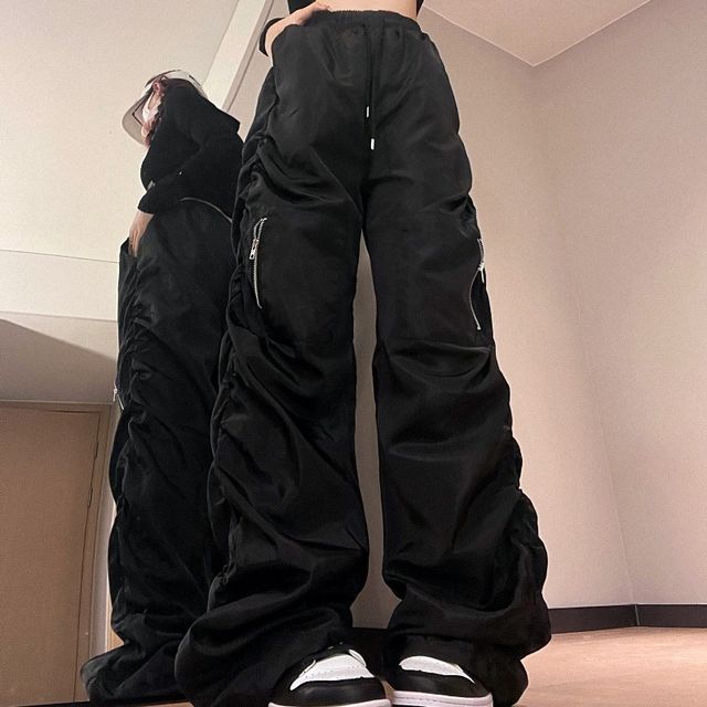 Drawstring Waist Plain Baggy Cargo Parachute Pants