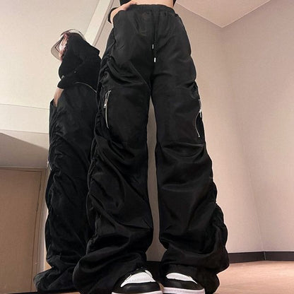 Drawstring Waist Plain Baggy Cargo Parachute Pants