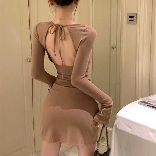 Back Crew Open Neck Sheath Plain Mini Long-Sleeve Dress