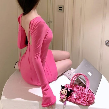 Back Crew Open Neck Sheath Plain Mini Long-Sleeve Dress
