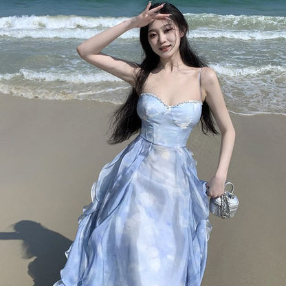 Sweetheart Neckline Ruffle A-Line Maxi with Thin Straps