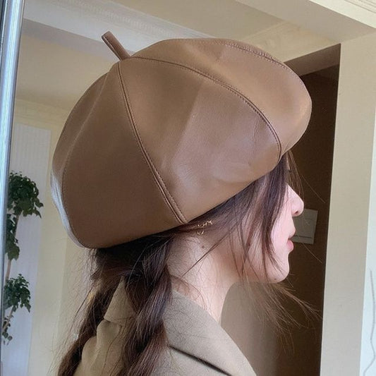 Plain Faux Leather Beret