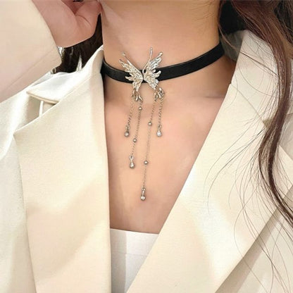 Fringed Choker Rhinestone Butterfly Leather Faux