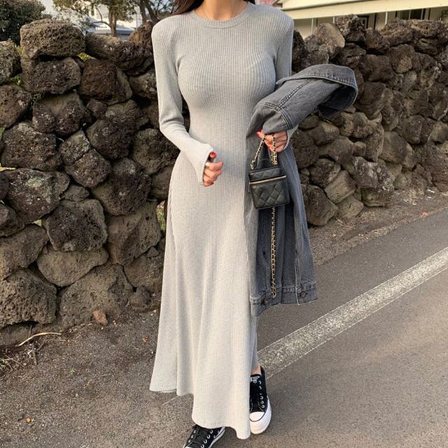 Crewneck Long Sleeve T-Shirt Style Maxi Dress