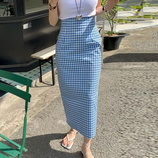 High Waist Gingham Midi Pencil Skirt