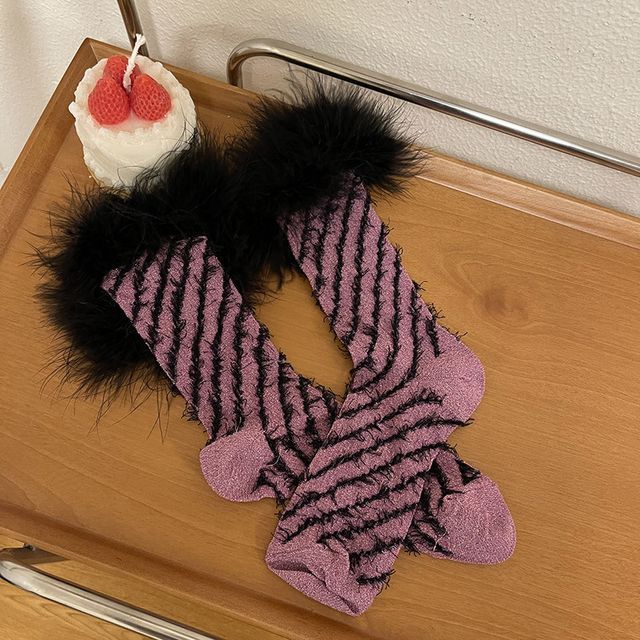 Striped Fluffy Trim Socks