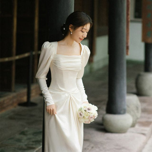 Gown Neck Wedding Plain Sheath Puff-Sleeve Square