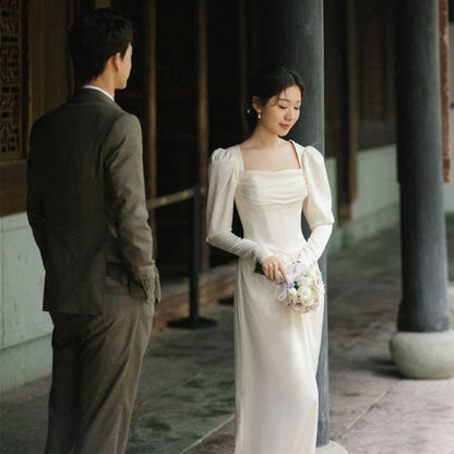 Puff-Sleeve Square Neck Plain Sheath Wedding Gown