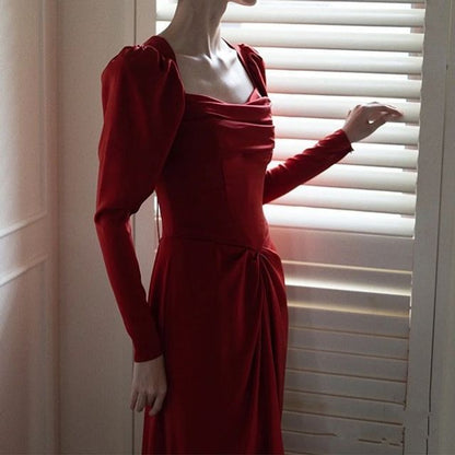 Puff-Sleeve Square Neck Plain Sheath Wedding Gown