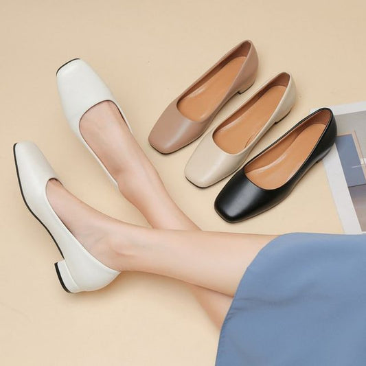 Block Heel Square Toe Plain Faux Leather Pumps