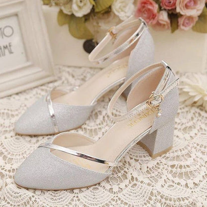 Block Heel Pointed Toe Ankle Strap Glitter D'Orsay Pumps