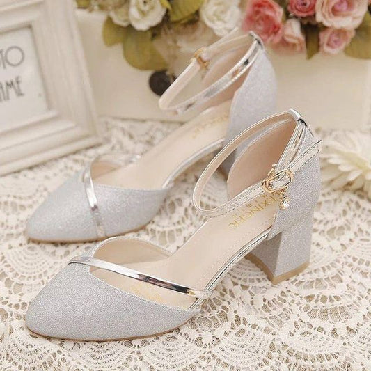 Block Heel Pointed Toe Ankle Strap Glitter D'Orsay Pumps