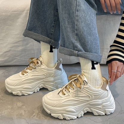 Platform Two Tone Mesh Panel Faux Leather Lace-Up Sneakers