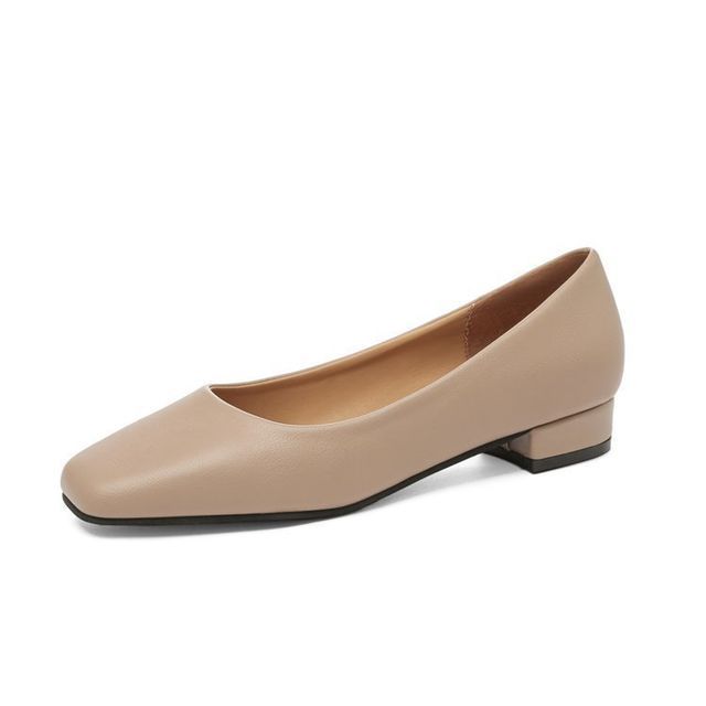 Block Heel Square Toe Plain Faux Leather Pumps