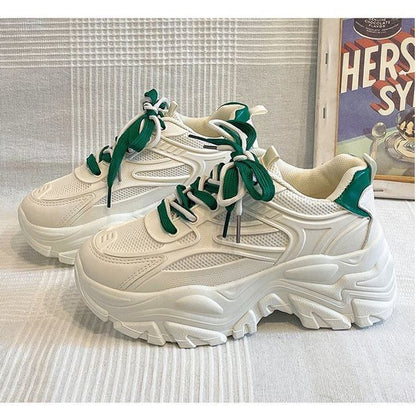 Platform Two Tone Mesh Panel Faux Leather Lace-Up Sneakers