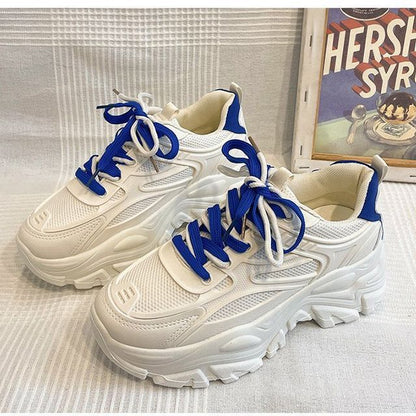 Platform Two Tone Mesh Panel Faux Leather Lace-Up Sneakers