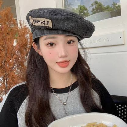 Embroidered Denim Lettering Hat Beret