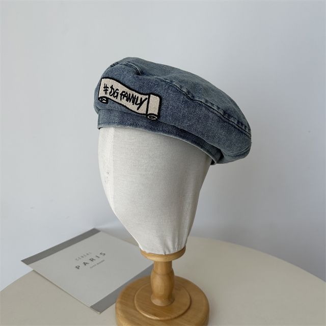 Embroidered Denim Lettering Hat Beret