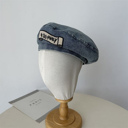 Embroidered Denim Lettering Hat Beret
