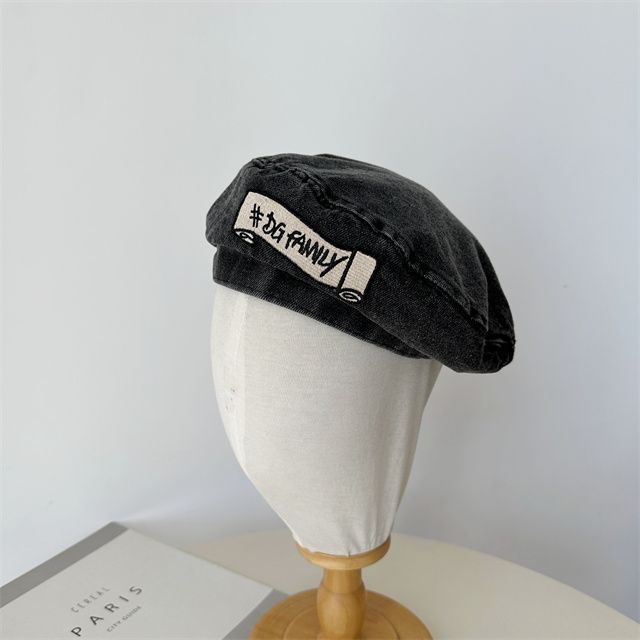 Embroidered Denim Lettering Hat Beret
