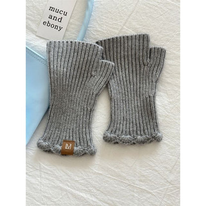 Lettering Fingerless Knit Gloves Applique