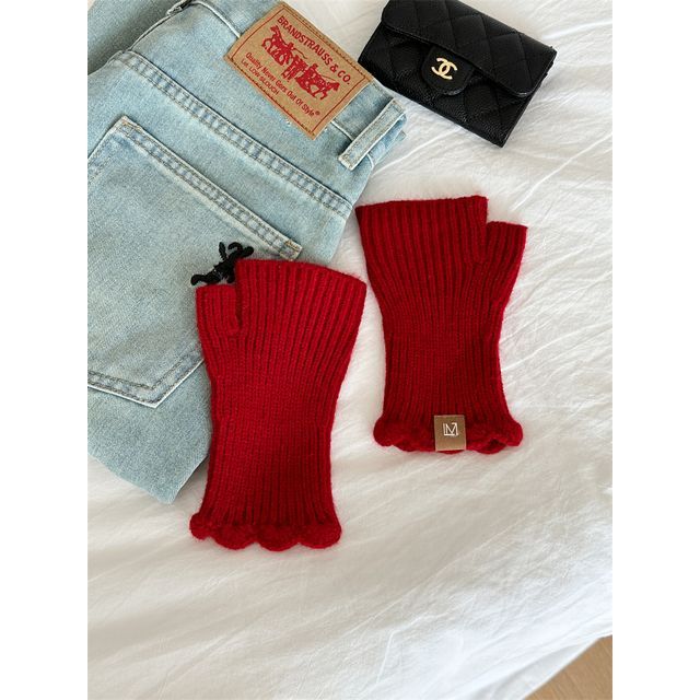 Lettering Fingerless Knit Gloves Applique