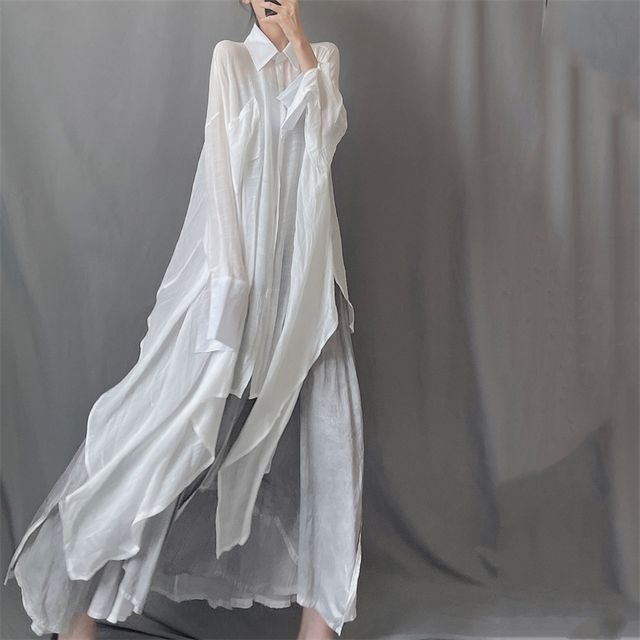 Asymmetrical Long Sleeve Shirt Maxi Dress