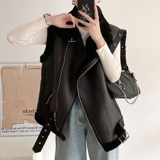 Sleeveless Furry-Trim Faux Leather Jacket