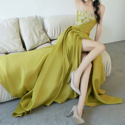 Tube Slit Applique Ruched A-Line Evening Floral Gown