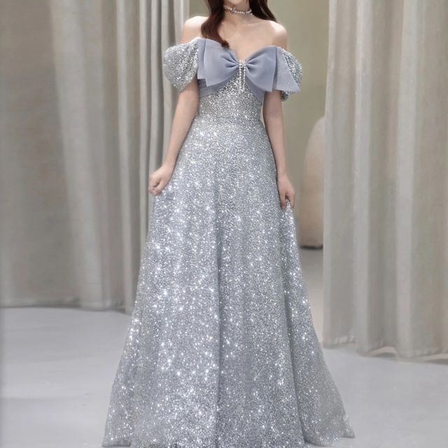 Evening Short-Sleeve A-Line Glitter Shoulder Bow Off Gown