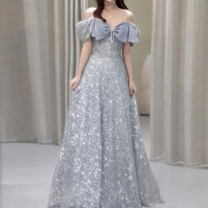 Evening Short-Sleeve A-Line Glitter Shoulder Bow Off Gown
