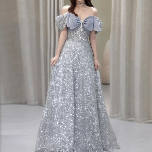 Evening Short-Sleeve A-Line Glitter Shoulder Bow Off Gown