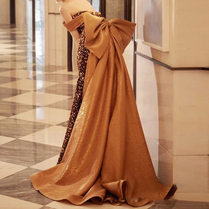 Sleeveless Off Shoulder Sequin Bow Panel A-Line Evening Gown