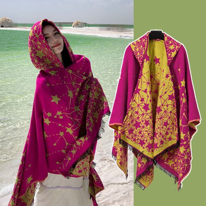 Print Fringed Hooded Cape